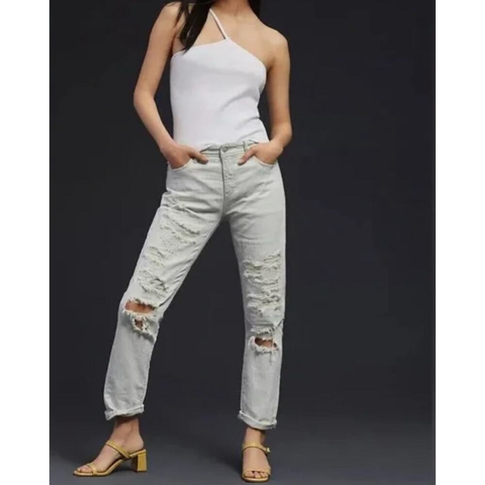 Anthropologie Pilcro Destroyed Mid-Rise Slim Boyfriend Jeans Light Wash